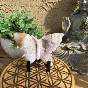 Pink amethyst flower agate with druzy Butterfly Sculpture stand included
